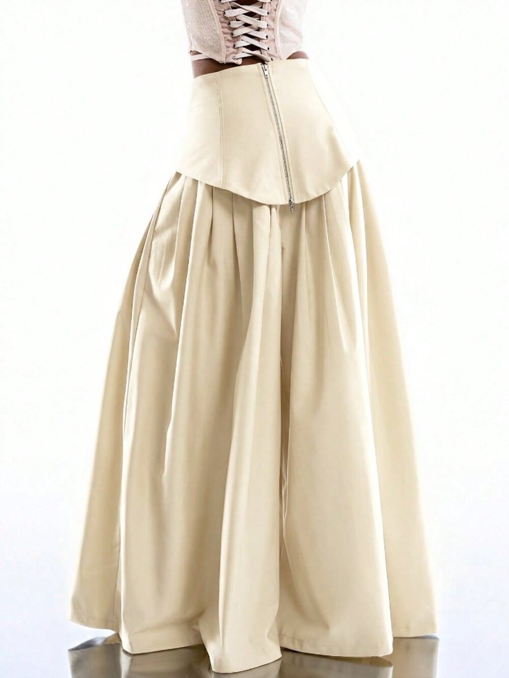 Beige Casual Women's Minimalist Pleated Wide-Leg Pants - Picture 2 of 6